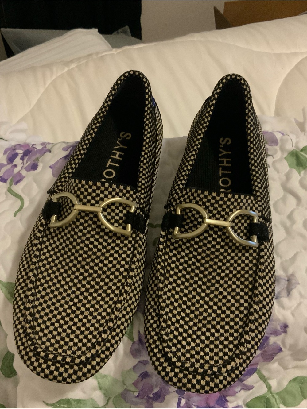 Rothy's Black and Cream Checkered Loafers with Gold Horsebit